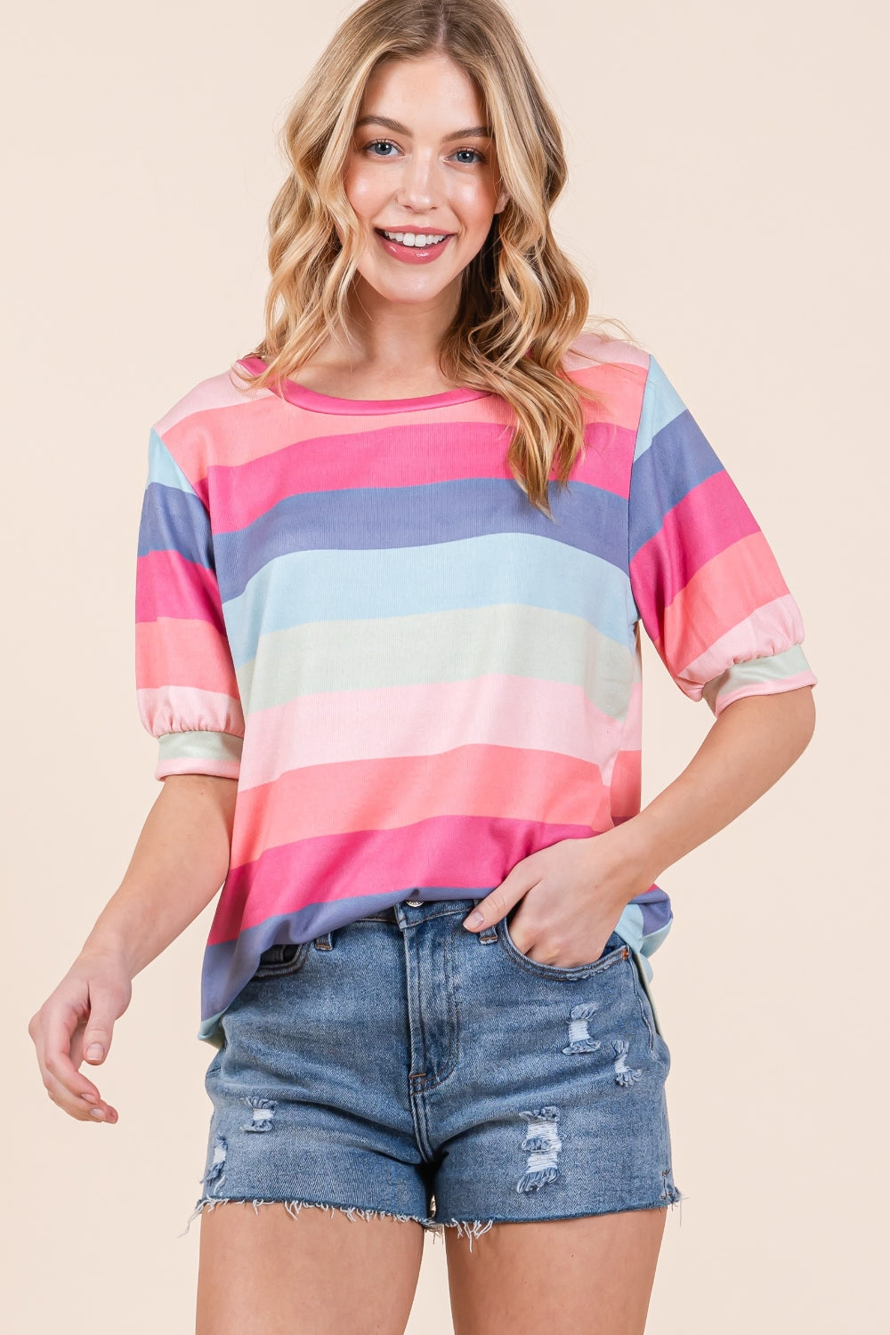 BOMBOM Striped Round Neck Half Sleeve T-Shirt BOMBOM Striped Round Neck Half Sleeve T-Shirt